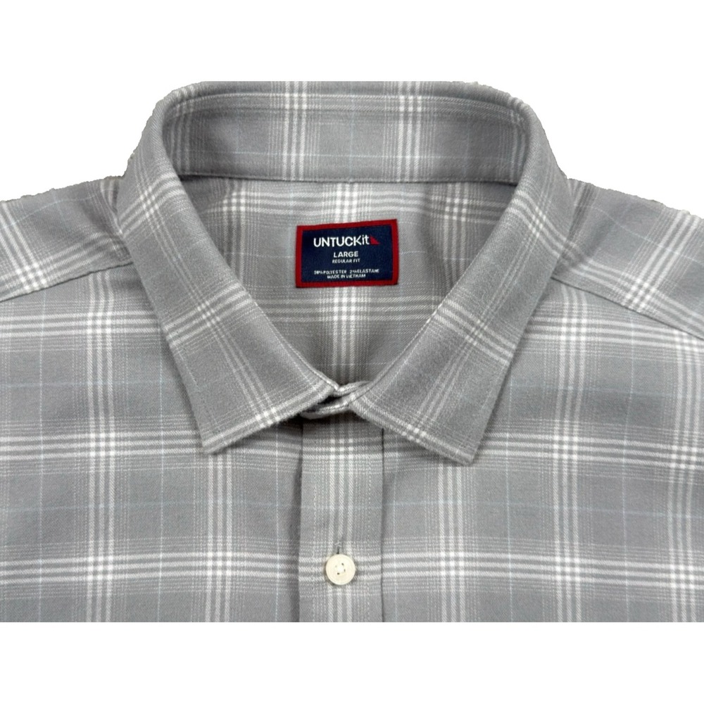 UNTUCKit Perez Mens L Performance Flannel Shirt Gray Plaid Stretch 41935